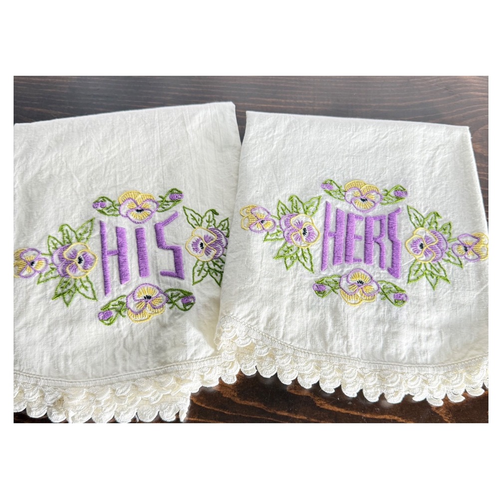Vintage‎ His and Hers Pillowcase Set Embroidered Floral Pansy Crochet Trim White